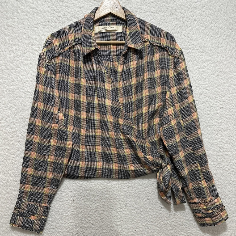 We the Free Plaid Wrap Crop Shirt Long Sleeve Distressed Raw Hem Women's Size M